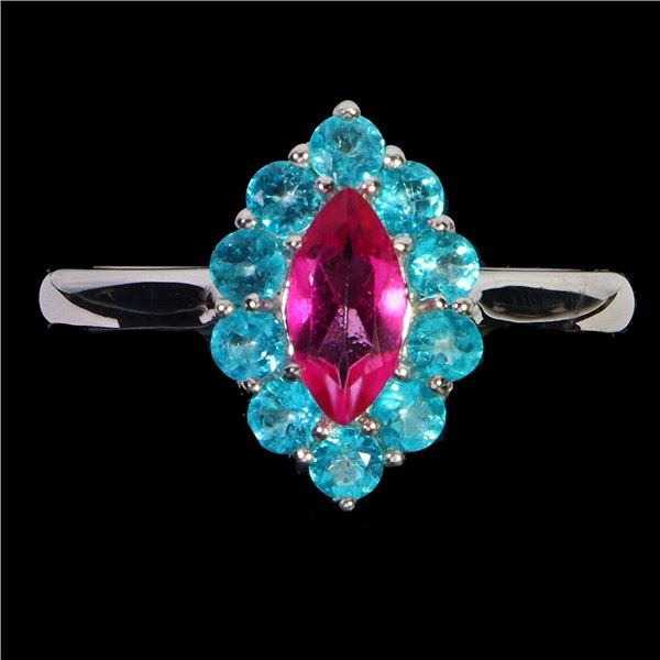 MARQUISE CUT PINK TOPAZ AND PARAIBA BLUE TOPAZ RING IN 14K WHITE PLATED GOLD OVER 925 STERLING SILVE