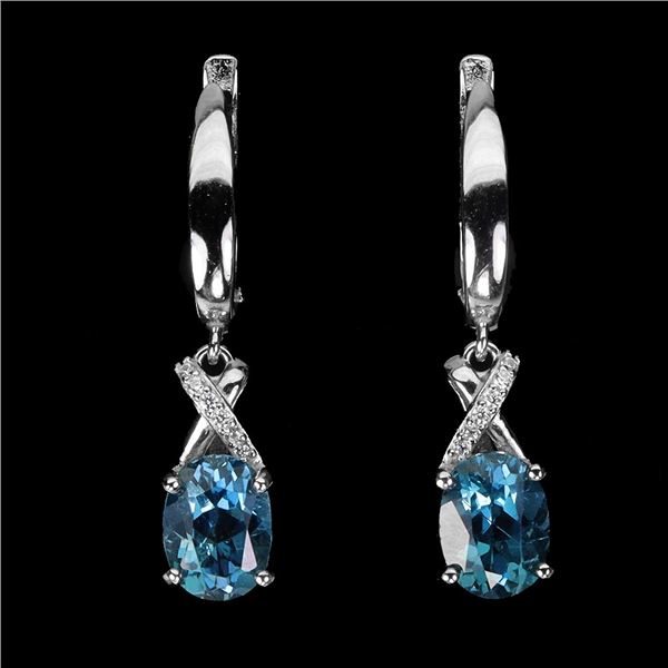 LONDON BLUE TOPAZ EARRINGS IN 14K WHITE PLATED GOLD OVER 925 STERLING SILVER - APPRAISED REPLACEMENT