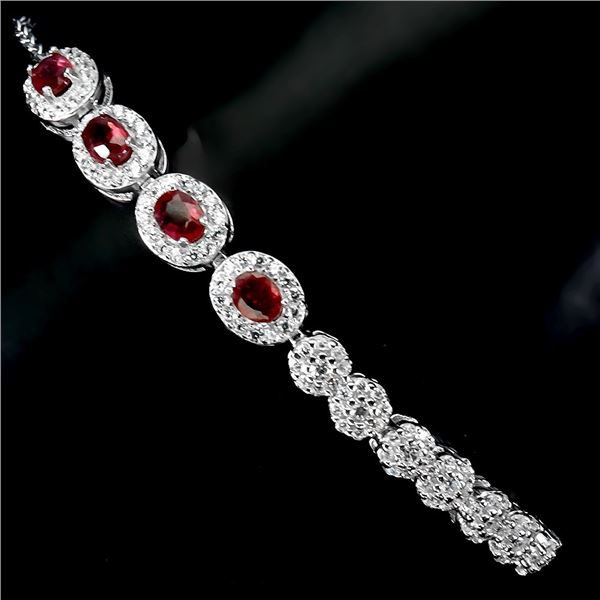 RUBY BRACELET IN 14K WHITE PLATED GOLD OVER 925 STERLING SILVER - 7.5 INCHES LONG - APPRAISED REPLAC
