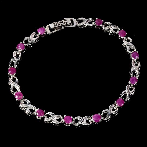 ROUND CUT RUBY BRACELET IN 14K WHITE PLATED GOLD OVER 925 STERLING SILVER - 7 INCHES - APPRAISED REP