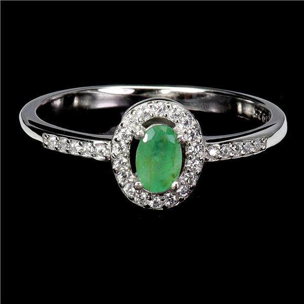 EMERALD RING IN 14K WHITE PLATED GOLD OVER 925 STERLING SILVER - SIZE 8 - APPRAISED REPLACEMENT VALU