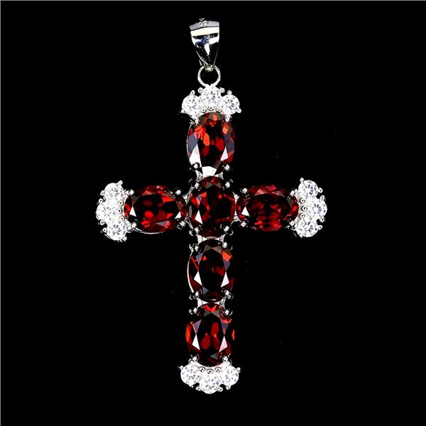 MOZAMBIQUE GARNET CROSS PENDANT IN 14K WHITE PLATED GOLD OVER 925 STERLING SILVER - APPRAISED REPLAC