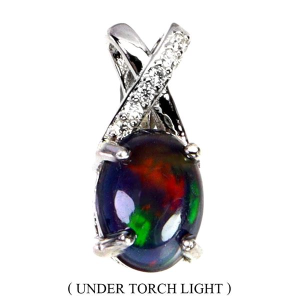 BLACK OPAL PENDANT IN 14K WHITE PLATED GOLD OVER 925 STERLING SILVER - APPRAISED REPLACEMENT VALUE