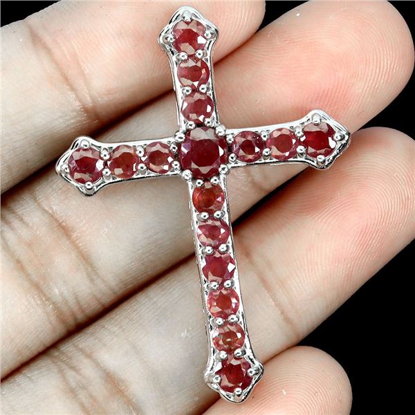 NATURAL RUBY CROSS PENDANT IN 14K WHITE PLATED GOLD OVER 925 STERLING SILVER - APPRAISED REPLACEMENT