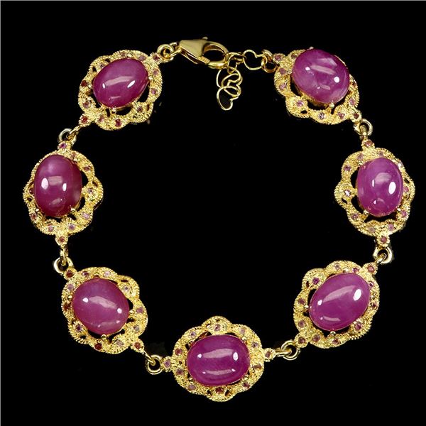 HUGE RUBY BRACELET IN 14K YELLOW PLATED GOLD OVER 925 STERLING SILVER -7.5 INCHES - APPRAISED REPLAC