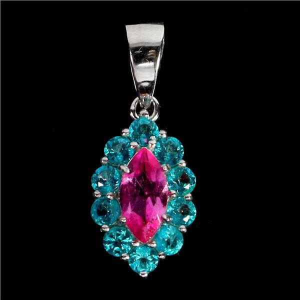 PINK TOPAZ AND PARAIBA BLUE TOPAZ PENDANT IN 14K WHITE PLATED GOLD OVER 925 STERLING SILVER - APPRAI