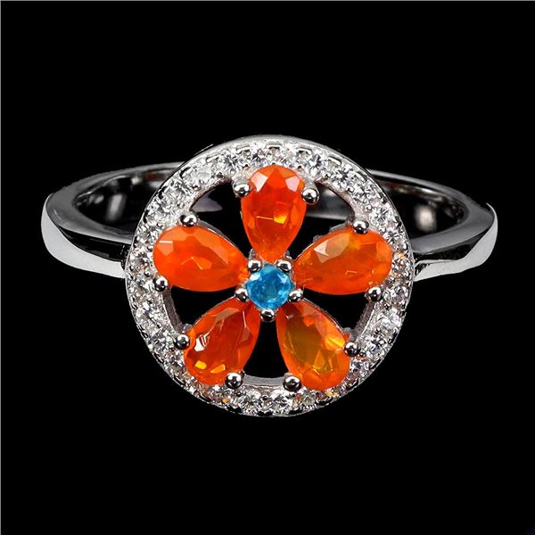 ORANGE FIRE OPAL AND APATITE RING IN 14K WHITE PLATED GOLD OVER 925 STERLING SILVER - SIZE 6 - APPRA