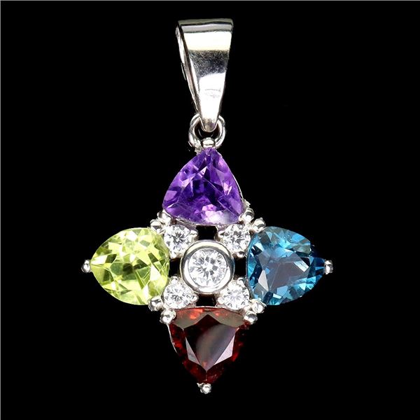 TRILLIANT CUT AMETHYST, PERIDOT, TOPAZ AND RHODOLITE GARNET PENDANT IN 14K WHITE PLATED GOLD OVER 92
