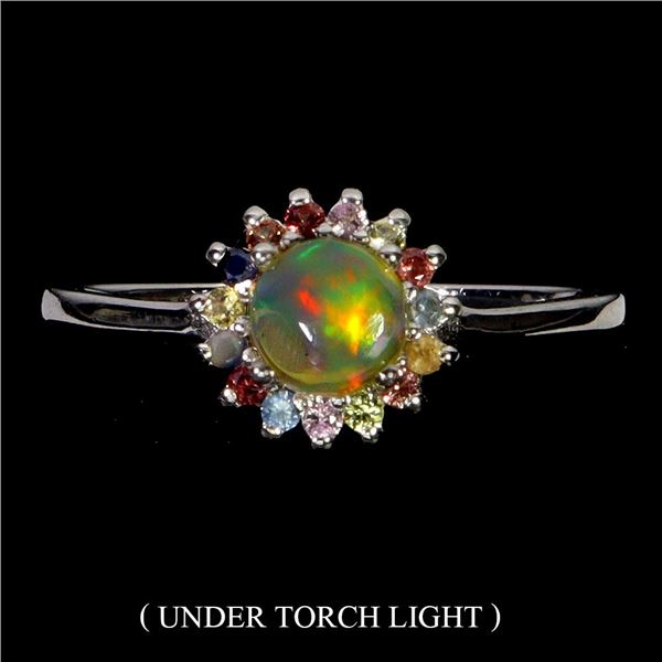 BLACK OPAL AND SAPPHIRE RING IN 14K WHITE PLATED GOLD OVER 925 STERLING SILVER - SIZE 7 - APPRAISED 