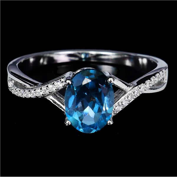 LONDON BLUE TOPAZ RING IN 14K WHITE PLATED GOLD OVER 925 STERLING SILVER - SIZE 7 - APPRAISED REPLAC