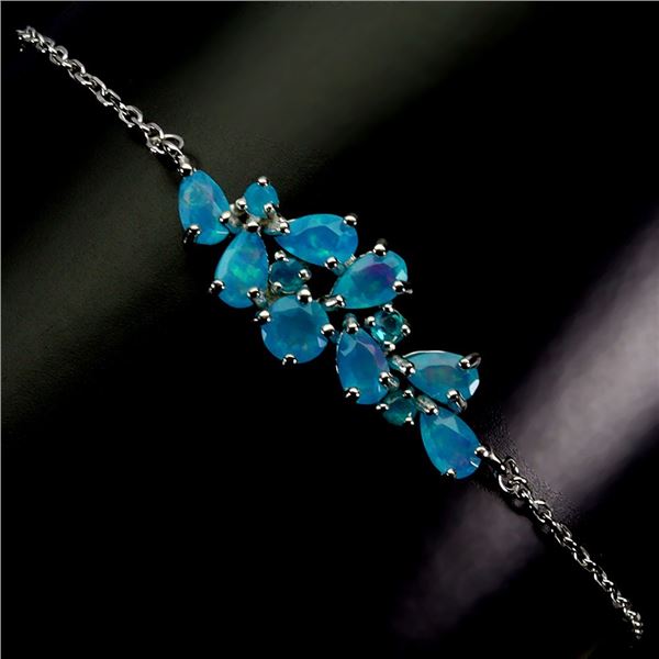 PEAR CUT BLUE OPAL BRACELET IN 14K WHITE PLATED GOLD OVER 925 STERLING SILVER - 8 INCHES LONG - APPR