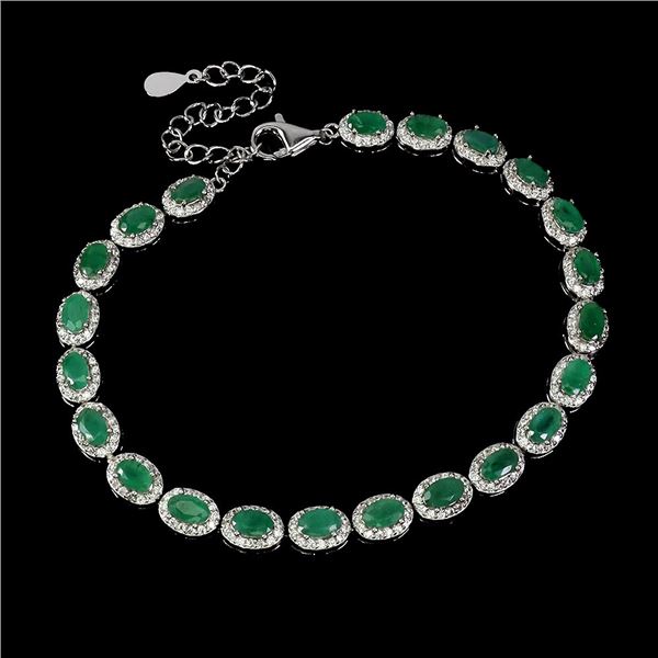 EMERALD BRACELET IN 14K WHITE PLATED GOLD OVER 925 STERLING SILVER - 9 INCHES LONG - APPRAISED REPLA