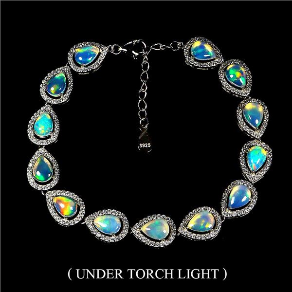 HIGH VALUE OPAL BRACELET IN 14K WHITE PLATED GOLD OVER 925 STERLING SILVER - 7.5 INCHES LONG - APPRA