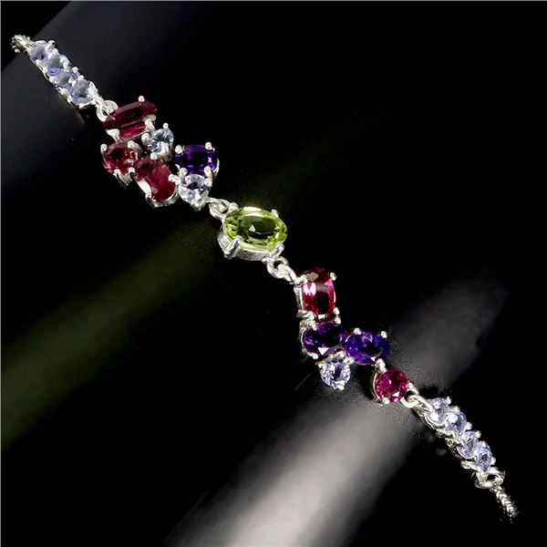PERIDOT, AMETHYST AND GARNET BRACELET IN 14K WHITE PLATED GOLD OVER 925 STERLING SILVER -8 INCHES LO