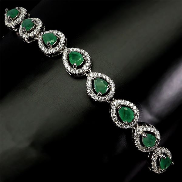 EMERALD BRACELET IN 14K WHITE PLATED GOLD OVER 925 STERLING SILVER - 7.5 INCHES LONG - APPRAISED REP