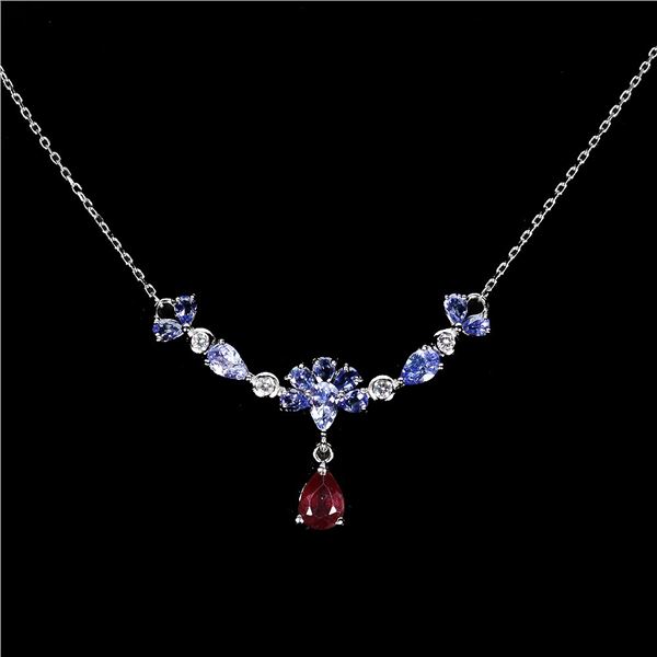 TANZANITE AND RUBY NECKLACE IN 14K WHITE PLATED GOLD OVER 925 STERLING SILVER - 19 INCHES LONG - APP