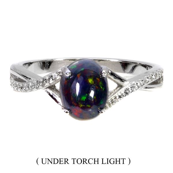 BLACK OPAL RING IN 14K WHITE PLATED GOLD OVER 925 STERLING SILVER - SIZE 7 - APPRAISED REPLACEMENT V