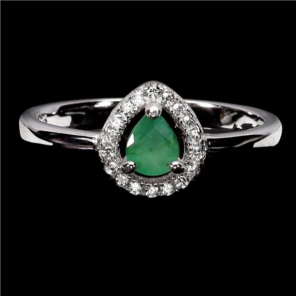 PEAR CUT EMERALD RING IN 14K WHITE PLATED GOLD OVER 925 STERLING SILVER - SIZE 8 - APPRAISED REPLACE