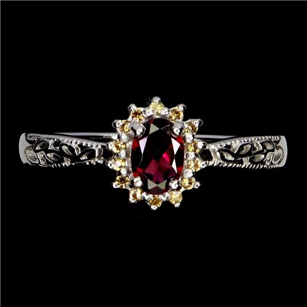 RHODOLITE GARNET AND SAPPHIRE RING IN 14K WHITE PLATED GOLD OVER 925 STERLING SILVER - SIZE 8 - APPR