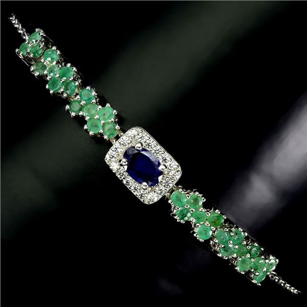 EMERALD AND BLUE SAPPHIRE BRACELET IN 14K WHITE PLATED GOLD OVER 925 STERLING SILVER -SIZE 8 - APPRA