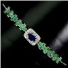 Image 1 : EMERALD AND BLUE SAPPHIRE BRACELET IN 14K WHITE PLATED GOLD OVER 925 STERLING SILVER -SIZE 8 - APPRA