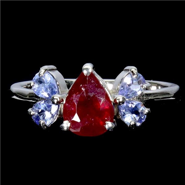 RUBY AND TANZANITE RING IN 14K WHITE PLATED GOLD OVER 925 STERLING SILVER - SIZE 7 - APPRAISED REPLA