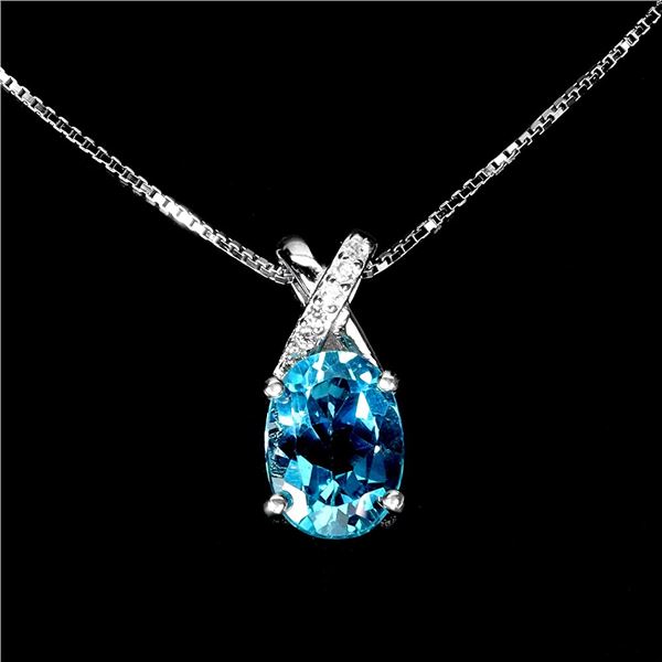 OVAL CUT LONDON BLUE TOPAZ NECKLACE IN 14K WHITE PLATED GOLD OVER 925 STERLING SILVER - 18 INCHES LO