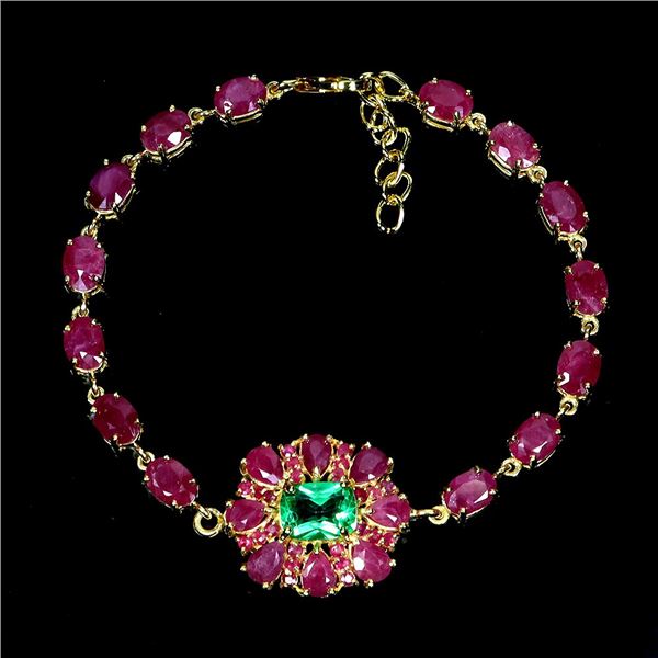 EXCEPTIONAL RUBY AND ANTIQUE CUT GREEN TOPAZ BRACELET IN 14K YELLOW PLATED GOLD OVER 925 STERLING SI