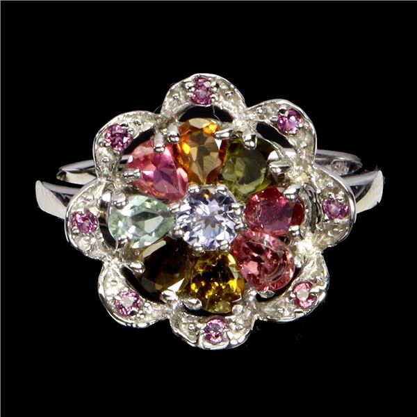 RHODOLITE GARNET, TANZANITE AND TOURMALINE RING IN 14K WHITE PLATED GOLD OVER 925 STERLING SILVER - 