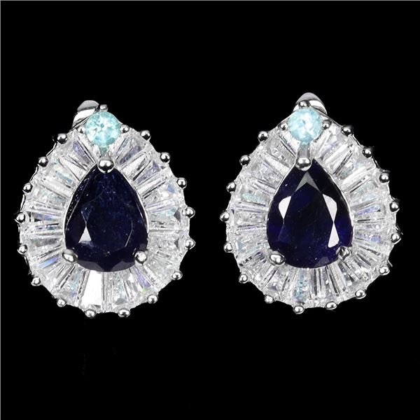 BLUE SAPPHIRE EARRINGS IN 14K WHITE PLATED GOLD OVER 925 STERLING SILVER - APPRAISED REPLACEMENT VAL