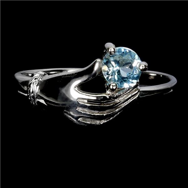 HAND SHEPD RING WITH ROUND CUT SKY BLUE TOPAZ IN 14K WHITE PLATED GOLD OVER 925 STERLING SILVER - SI