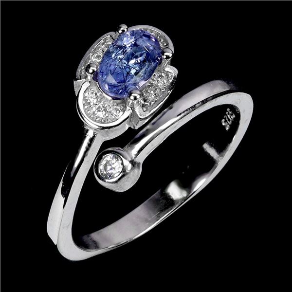 OVAL CUT TANZANITE RING IN 14K WHITE PLATED GOLD OVER 925 STERLING SILVER - SIZE 7 - APPRAISED REPLA