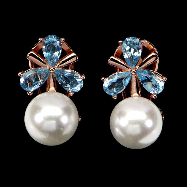 MOTHER OF PEARL AND SWISS BLUE TOPAZ EARRINGS IN 14K ROSE PLATED GOLD OVER 925 STERLING SILVER - APP
