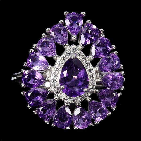 AMETHYST RING IN 14K WHITE PLATED GOLD OVER 925 STERLING SILVER - SIZE 7 - APPRAISED REPLACEMENT VAL