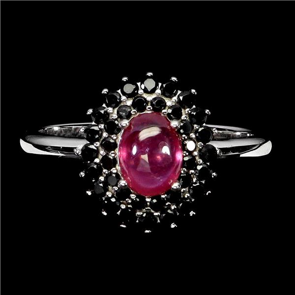 RUBY AND BLACK SPINEL RING IN 14K WHITE PLATED GOLD OVER 925 STERLING SILVER - SIZE 7 -APPRAISED REP