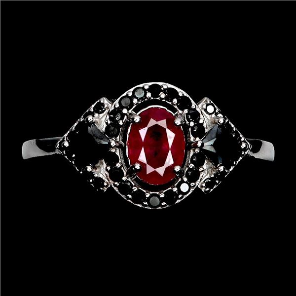 RUBY AND BLACK SPINEL RING IN 14K WHITE PLATED GOLD OVER 925 STERLING SILVER - SIZE 7 -APPRAISED REP