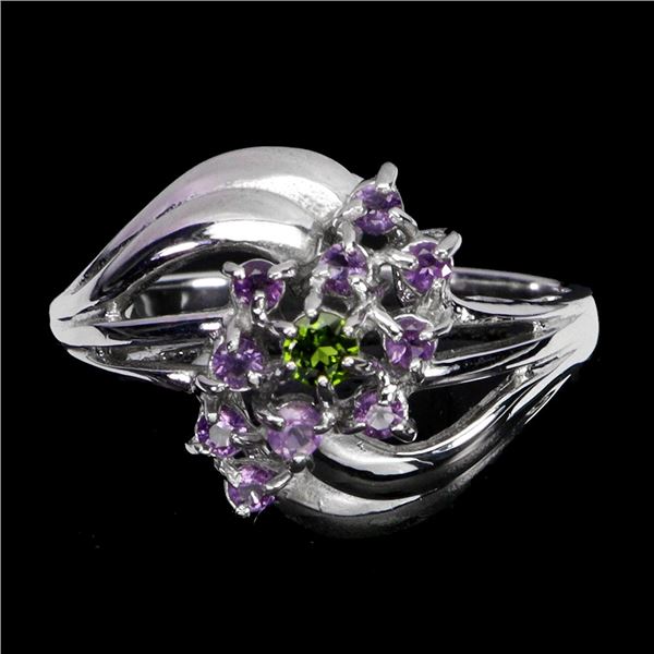AMETHYST AND CHROME DIOPSIDE RING IN 14K WHITE PLATED GOLD OVER 925 STERLING SILVER - SIZE 8 -APPRAI