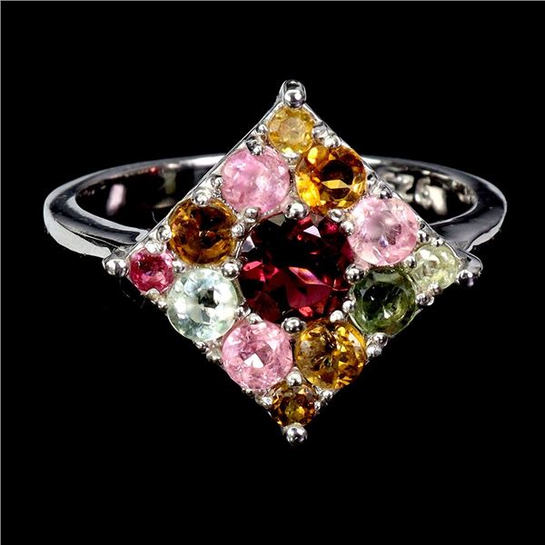 RHODOLITE GARNET AND TOURMALINE RING IN 14K WHITE PLATED GOLD OVER 925 STERLING SILVER - SIZE 8 -APP