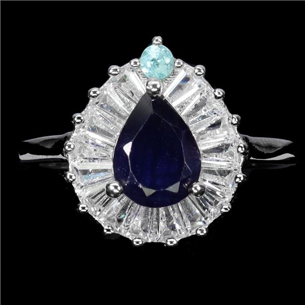 SAPPHIRE RING IN 14K WHITE PLATED GOLD OVER 925 STERLING SILVER - SIZE 7 -APPRAISED REPLACEMENT VALU