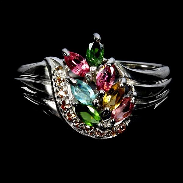TOURMALINE AND SAPPHIRE RING IN 14K WHITE PLATED GOLD OVER 925 STERLING SILVER - SIZE 7 -APPRAISED R