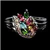 Image 1 : TOURMALINE AND SAPPHIRE RING IN 14K WHITE PLATED GOLD OVER 925 STERLING SILVER - SIZE 7 -APPRAISED R