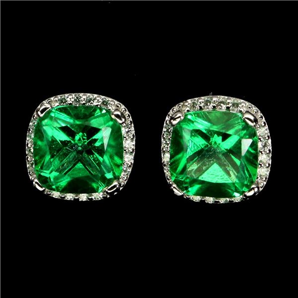 CUSHION CUT GREEN TOPAZ EARRINGS IN 14K WHITE PLATED GOLD OVER 925 STERLING SILVER - APPRAISED REPLA