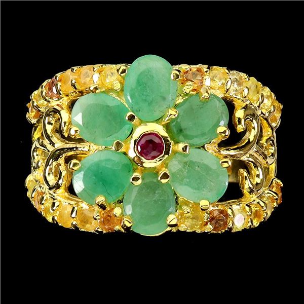 EMERALD, RUBY AND SAPPHIRE RING IN 14K YELLOW PLATED GOLD OVER 925 STERLING SILVER - SIZE 7 -APPRAIS
