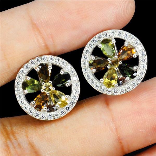 NATURAL TOURMALINE EARRINGS IN 14K WHITE PLATED GOLD OVER 925 STERLING SILVER -APPRAISED REPLACEMENT