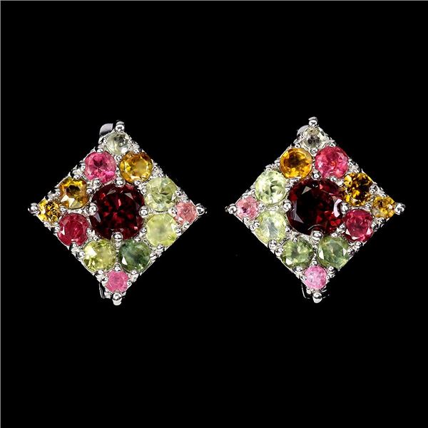 ROUND CUT RHODOLITE GARNET AND TOURMALINE EARRINGS IN 14K WHITE PLATED GOLD OVER 925 STERLING SILVER