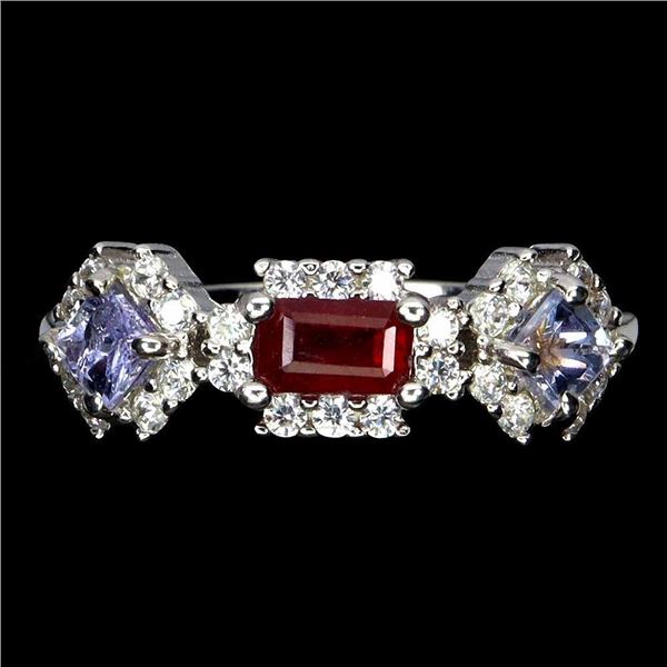 RUBY AND TANZANITE RING IN 14K WHITE PLATED GOLD OVER 925 STERLING SILVER - SIZE 8 -APPRAISED REPLAC