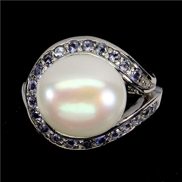 PEARL AND TANZANIRE RING IN 14K WHITE PLATED GOLD OVER 925 STERLING SILVER - SIZE 7 -APPRAISED REPLA