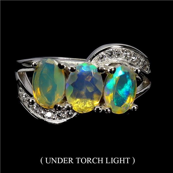 RICH COLOR PLAY OPAL RING IN 14K WHITE PLATED GOLD OVER 925 STERLING SILVER - SIZE 8 -APPRAISED REPL
