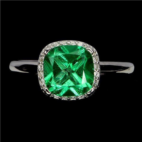 CUSHION CUT GREEN TOPAZ RING IN 14K WHITE PLATED GOLD OVER 925 STERLING SILVER - SIZE 7 -APPRAISED R