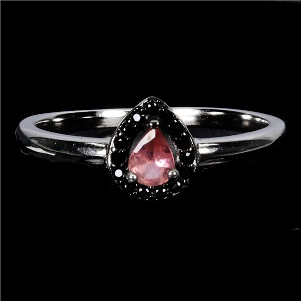TOURMALINE AND BLACK SPINEL RING IN 14K WHITE PLATED GOLD OVER 925 STERLING SILVER - SIZE 7 - APPRAI